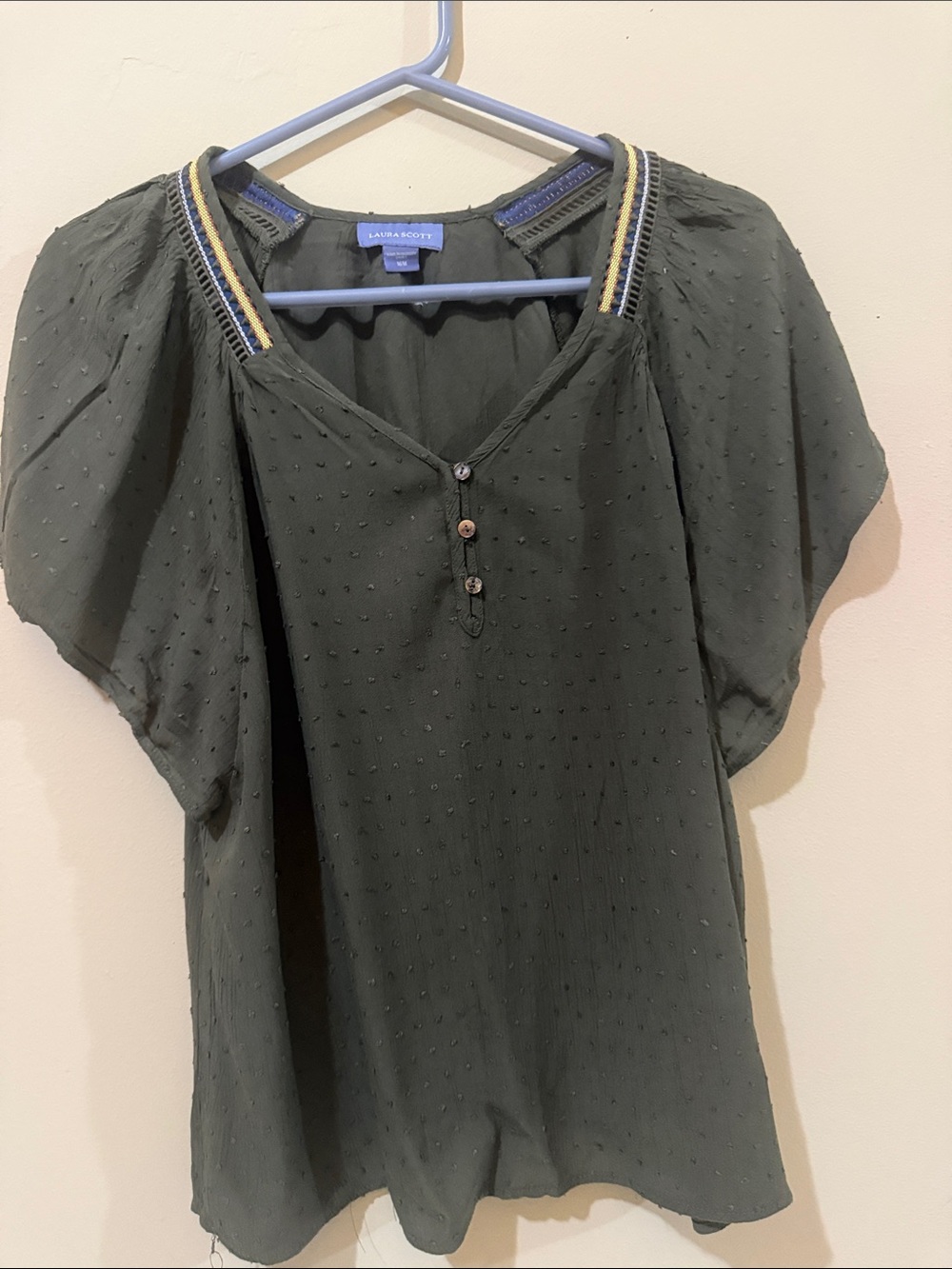 Laura Scott Olive Green Swiss Dot V-Neck Blouse with Trim